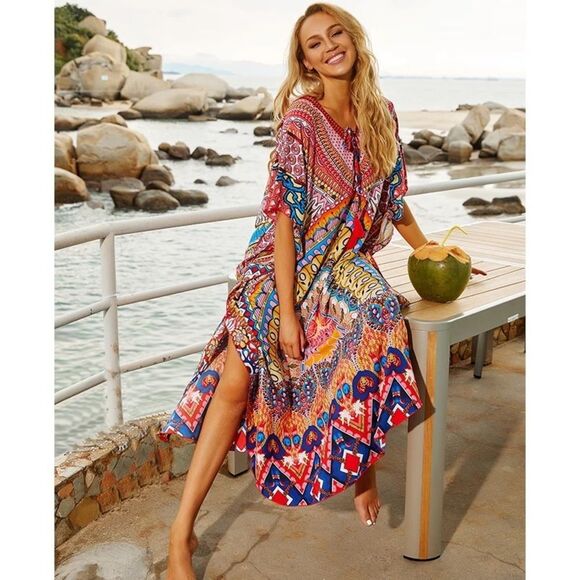 Bohemian Tassel Lace Up Maxi Summer Kaftan Caftan Dress One Size - Picture 2 of 5